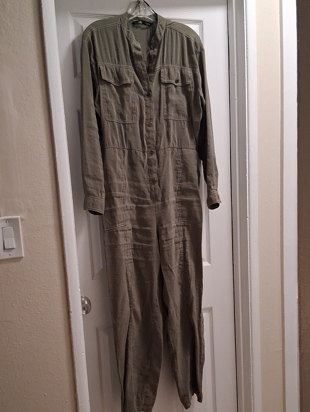 Zara Olive Utility Button-Front Jumpsuit